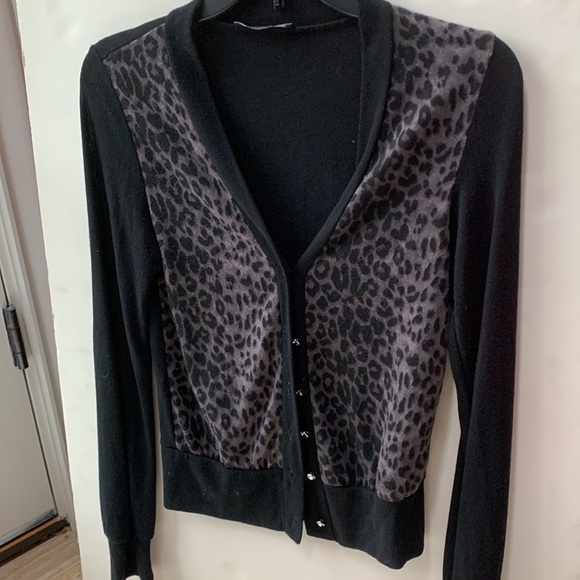 B' leev Leopard Animal Print Cardigan Black & Gray Sweater w/ Rhinestone Buttons - Picture 11 of 11